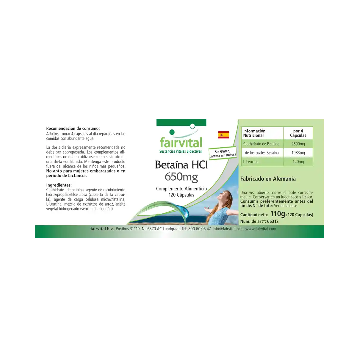 Betain HCL 650mg - 120 Kapseln - Betain Hydrochlorid Kapseln - Hochdosiert und Vegan | Fairvital