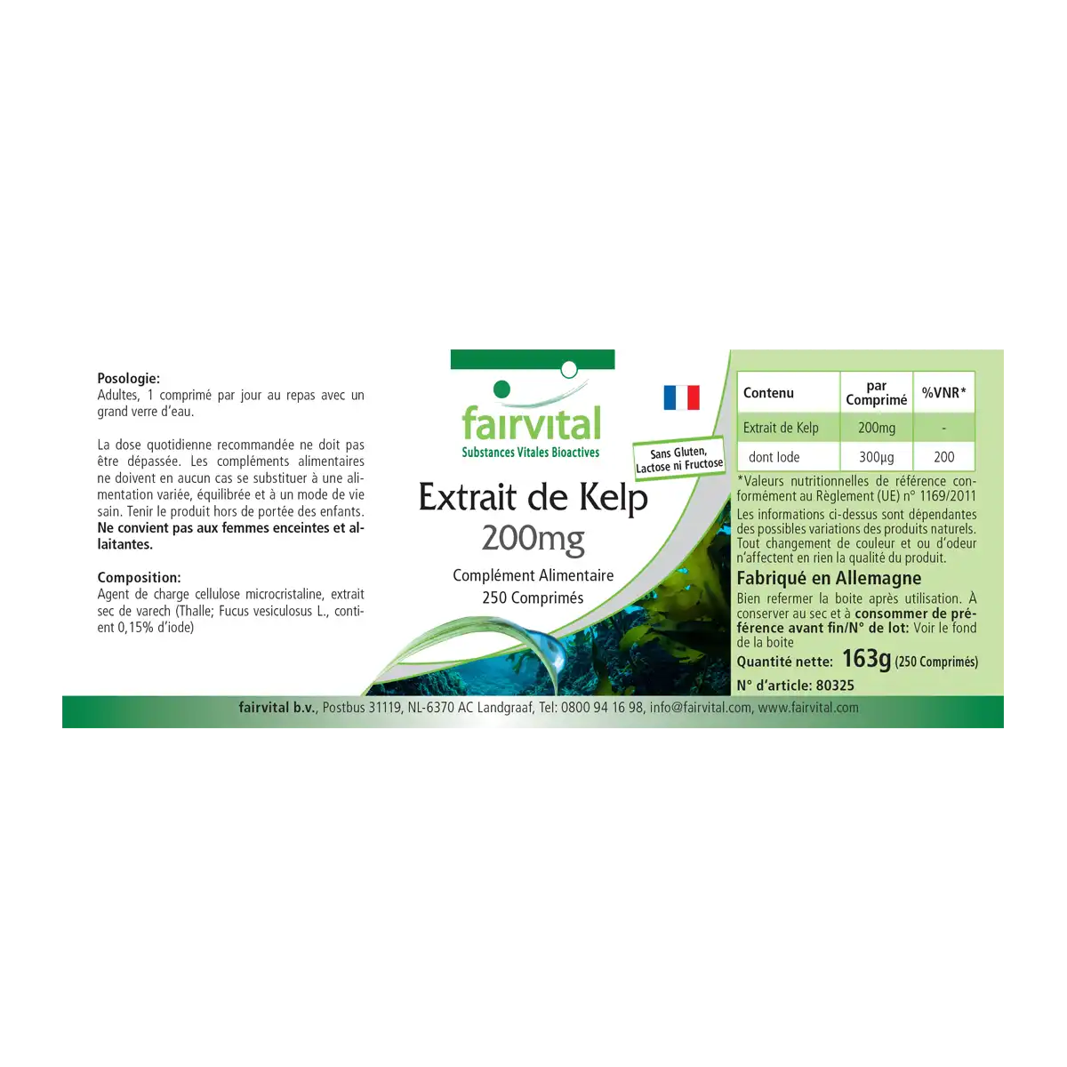 Kelp-Extrakt 200mg – 250 Tabletten – natürliches Jod - für Schilddrüse, Haut, Nervensystem uvm. | Fairvital