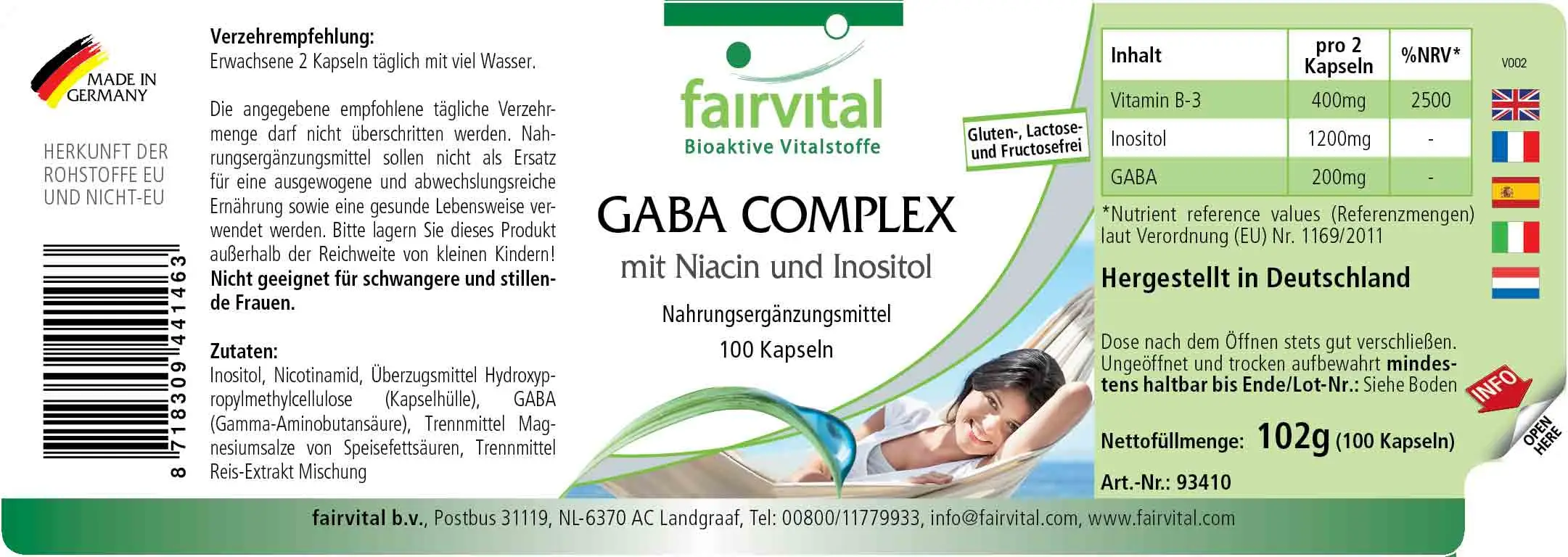 GABA Komplex mit Niacin und Inositol - 100 Kapseln - Hochdosiert und Vegan | Fairvital