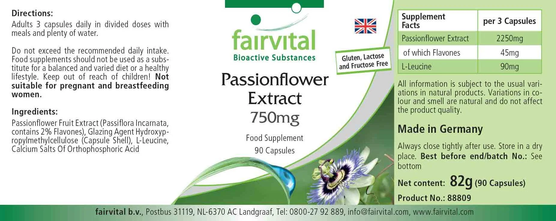 Passionsblume Kapseln Extrakt 750mg - 90 Kapseln-standardisiert auf 2% Flavone-Vegan | Fairvital