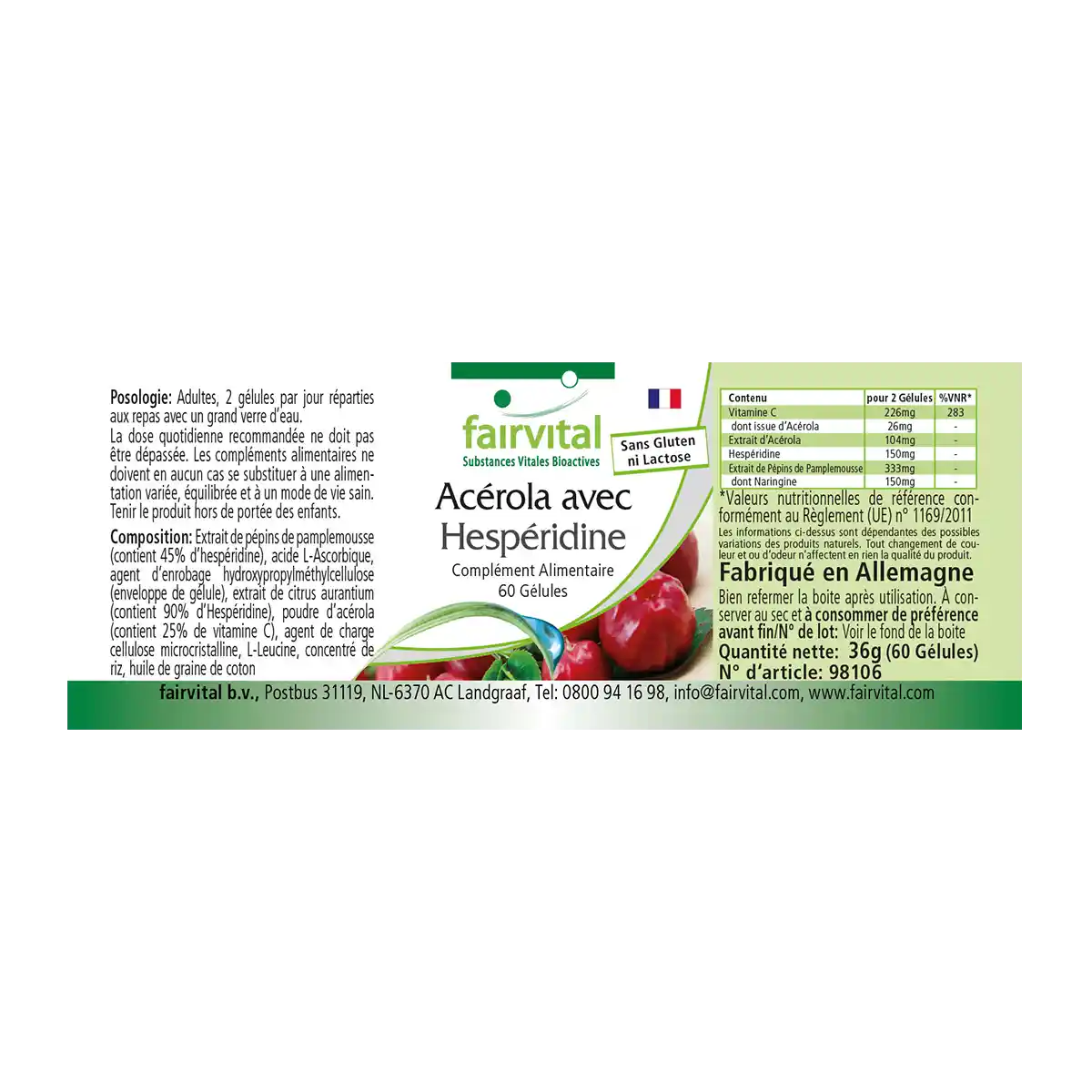 Acerola mit Hesperidin und Vitamin C-60 Kapseln - Hochdosiert und Vegan | Fairvital