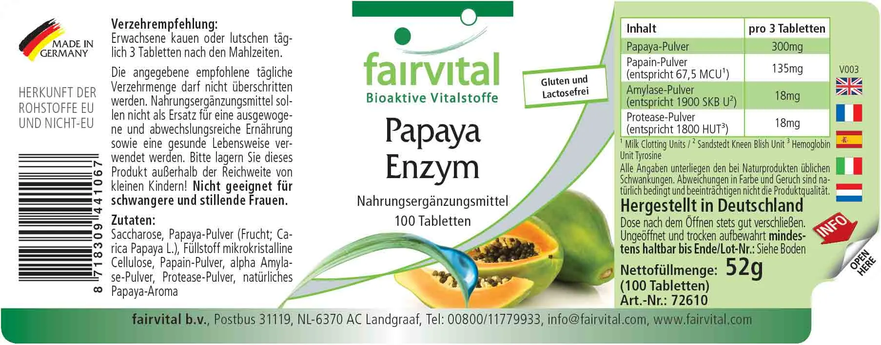 Papaya Enzym - 100 Tabletten - mit Papain, Amylase und Protease - Hochdosiert und Vegan | Fairvital