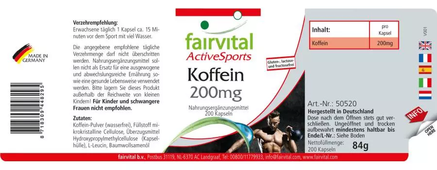 Koffein 200mg - 200 Kapseln - Hochdosiert und Vegan | Fairvital