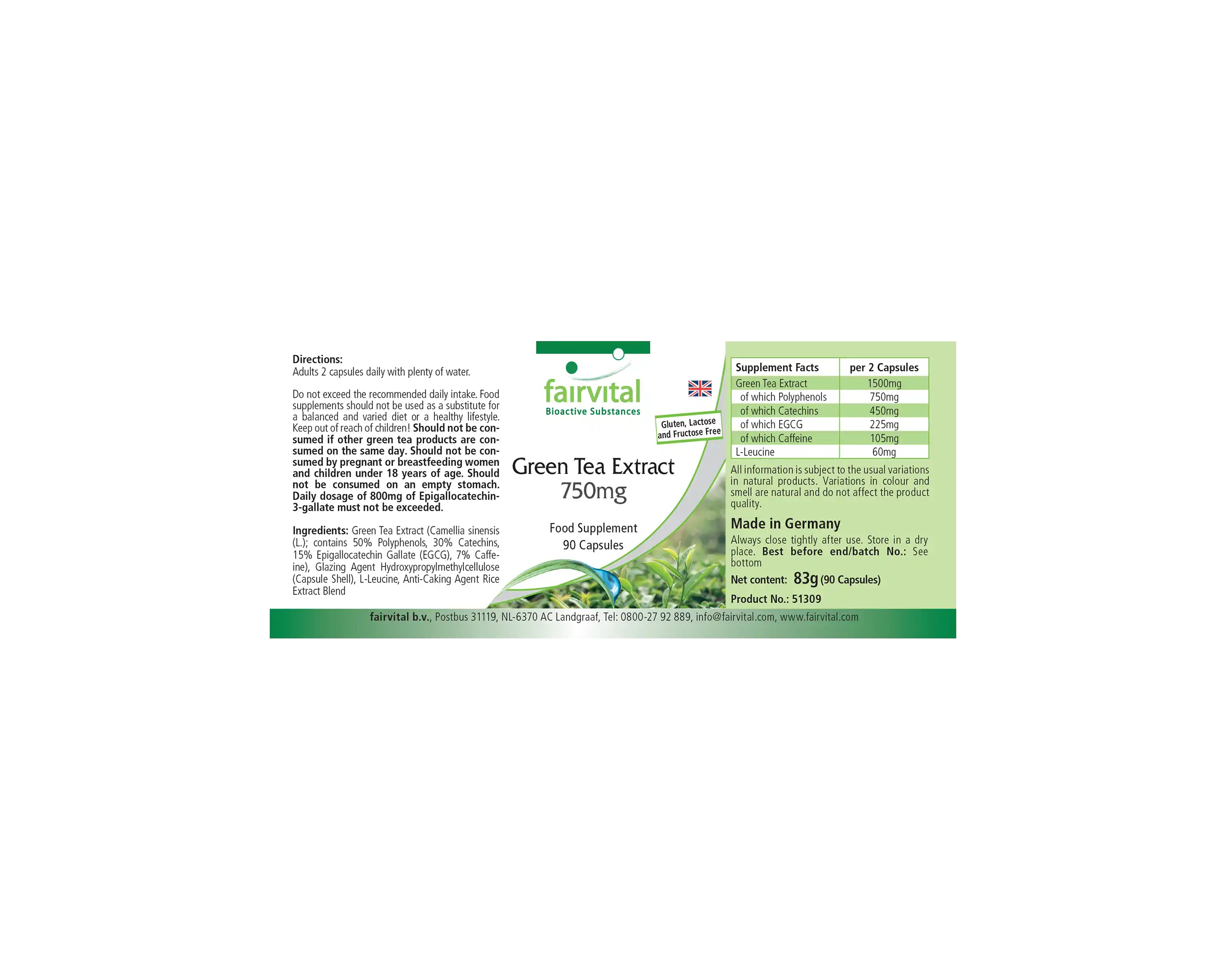 Grüner Tee Extrakt 750mg - Camellia Sinensis - 90 Kapseln - Hochdosiert und Vegan | Fairvital