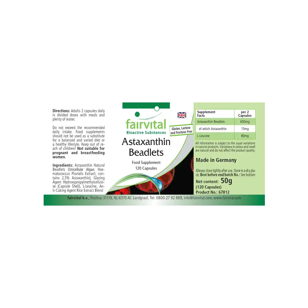 Astaxanthin Beadlets mikroverkapselt - 120 Kapseln - Hochdosiert und Vegan | Fairvital