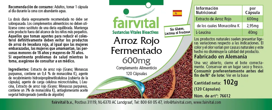 Fermentierter Roter Reis 600mg - 120 Kapseln - Monascus purpureus - mit Monacolin K - Vegan | Fairvital