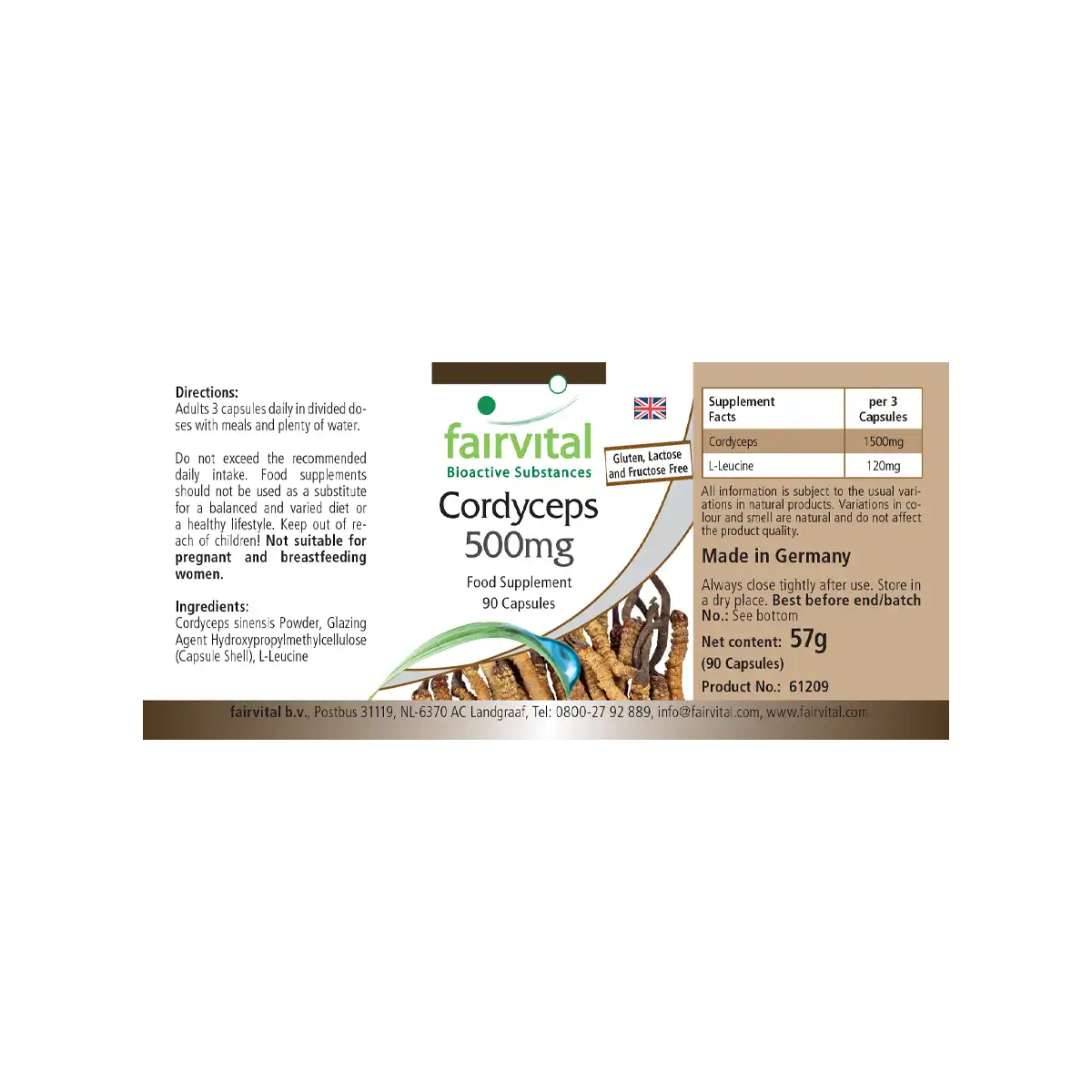 Cordyceps 500mg - 90 Kapseln  - Cordyceps Sinensis (Raupenpilz) - Hochdosiert und Vegan | Fairvital