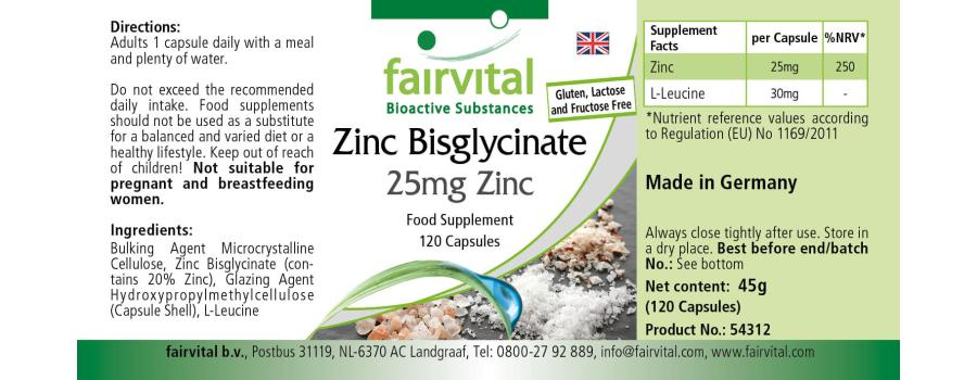 Zinkbisglycinat mit 25mg Zink - 120 Kapseln - für Immunsystem, Haar, Haut, Sehkraft uvm - Vegan | Fairvital