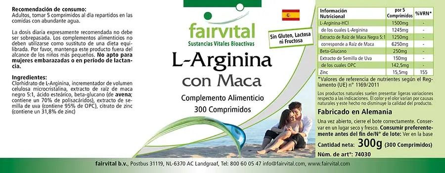 L-Arginin mit Maca - 300 Tabletten - mit Zink - für Immunsystem, Haar, Sehkraft uvm. - Vegan | Fairvital