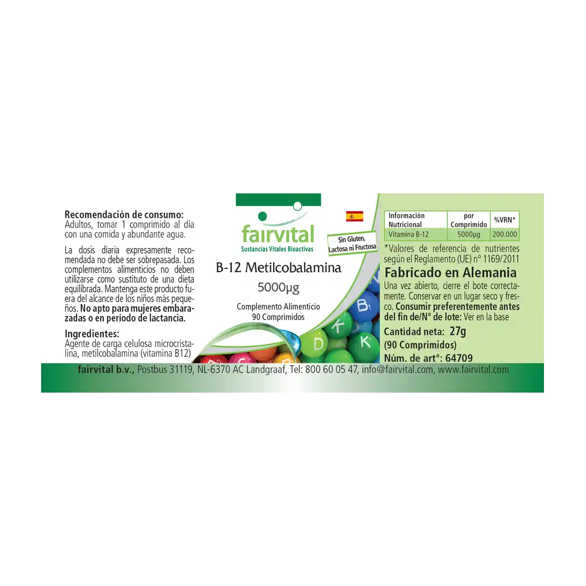 B-12 Methylcobalamin 5000µg - 90 Tabletten - mit Vitamin B12 für Immunsystem, gegen Müdigkeit uvm. - Hochdosiert und Vegan | Fairvital