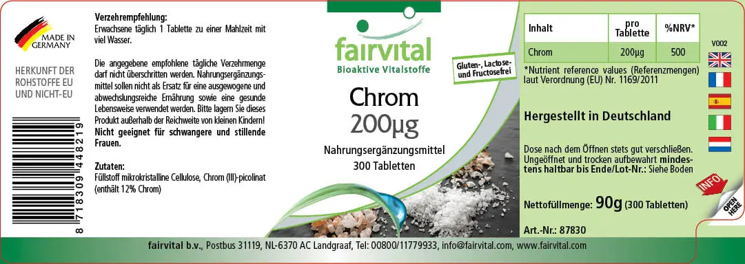 Chrom 200µg - 300 Tabletten - für Blutzuckerspiegel und Makronährstoff Stoffwechsel - Hochdosiert und Vegan | Fairvital