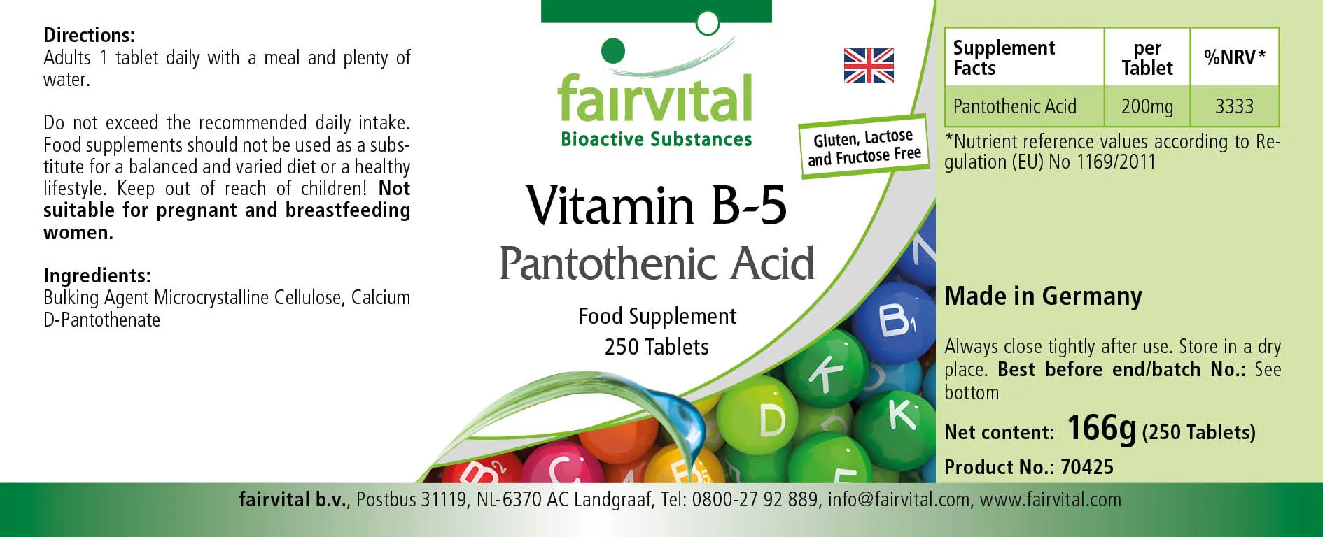 Vitamin B-5 Pantothensäure 200mg - 250 Tabletten - für geistige Leistung, Energiestoffwechsel uvm. - Vegan | Fairvital