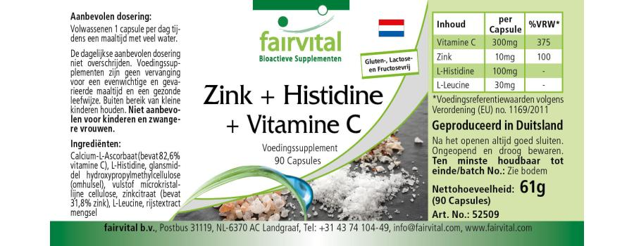 Zink + Histidin + Vitamin C -  90 Kapseln - für Immunsystem, Haare, Haut, Zellschutz uvm. - Vegan | Fairvital