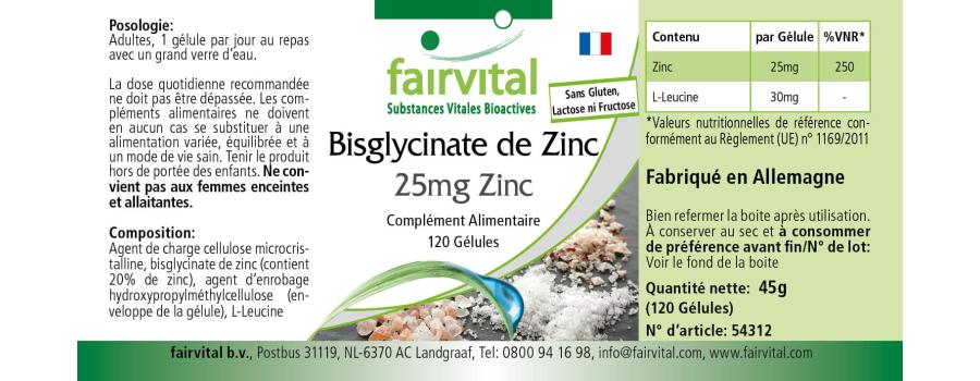Zinkbisglycinat mit 25mg Zink - 120 Kapseln - für Immunsystem, Haar, Haut, Sehkraft uvm - Vegan | Fairvital