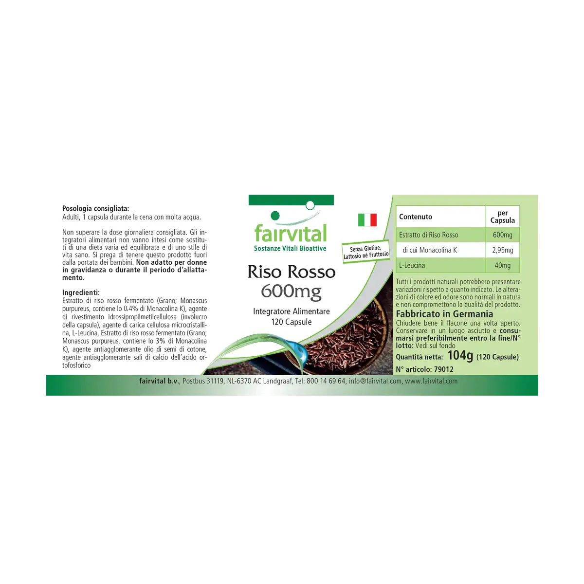 Roter Reis 600mg - 120 Kapseln - fermentiert - 2,95 mg Monacolin K - Vegan | Fairvital