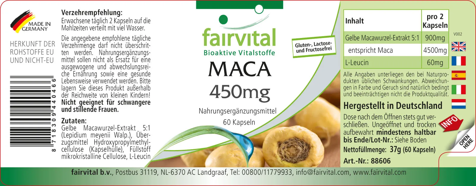 MACA 450mg - 60 Kapseln - 4-fach konzentrierter Wurzelextrakt - Hochdosiert und Vegan | Fairvital