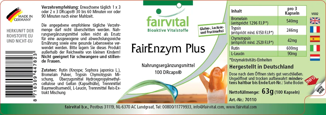 FairEnzym Plus - 100 DRCaps™ - Multi Enzym Komplex - mit Rutosid, Bromelain, Trypsin & Chymotrypsin - Hochdosiert | Fairvital