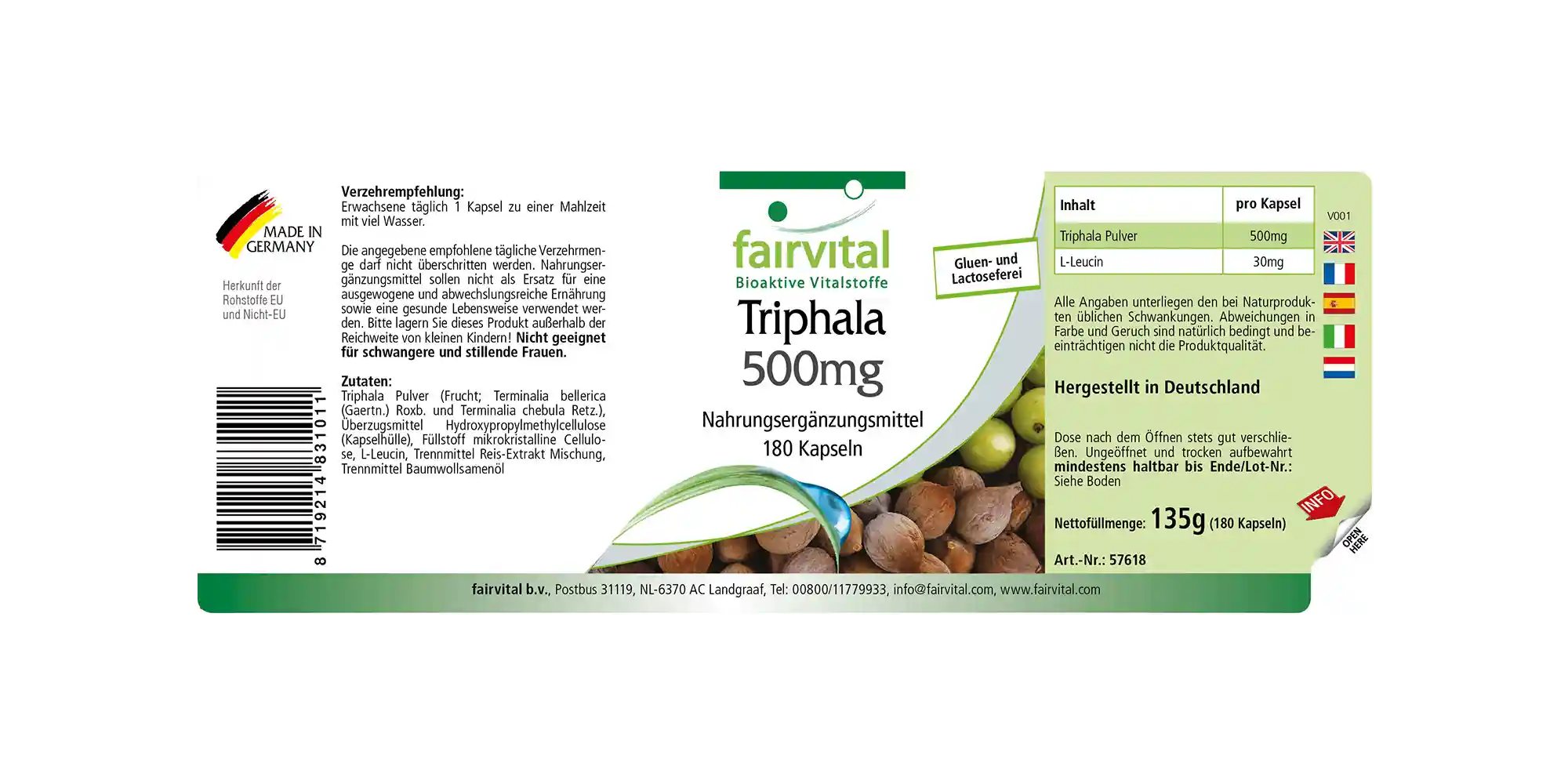 Triphala 500 mg - 180 Kapseln - Ayurvedische Dreifrucht - Amalaki, Haritaki, Bibhitaki - Vegan | Fairvital