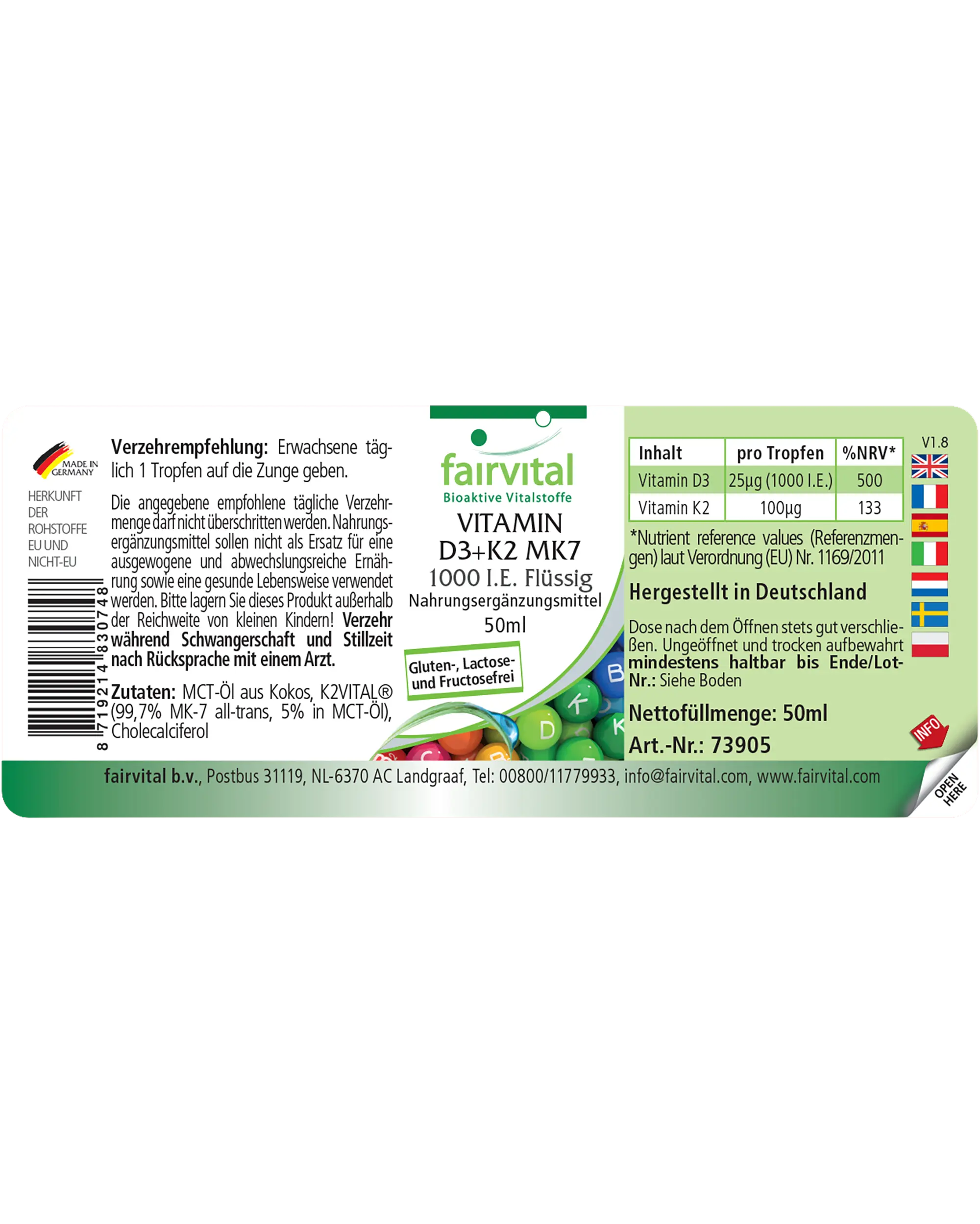 Vitamin D3 + K2 MK7 - 1000 I.E. + 100 μg - 50 ml - für Knochen, Immunsystem uvm. | Fairvital