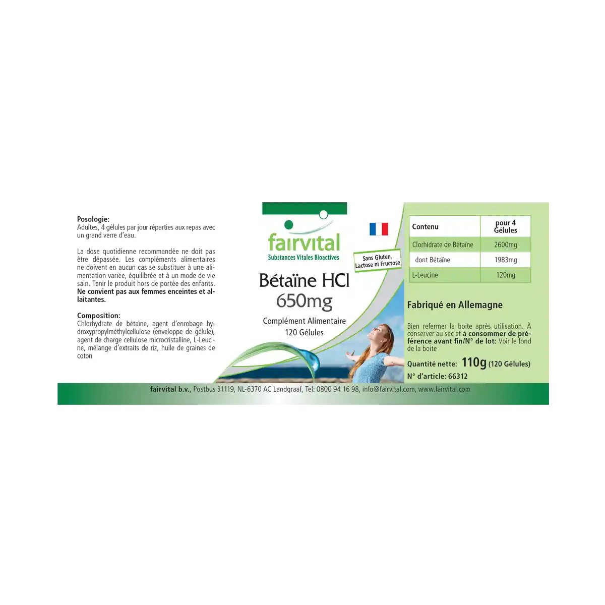 Betain HCL 650mg - 120 Kapseln - Betain Hydrochlorid Kapseln - Hochdosiert und Vegan | Fairvital