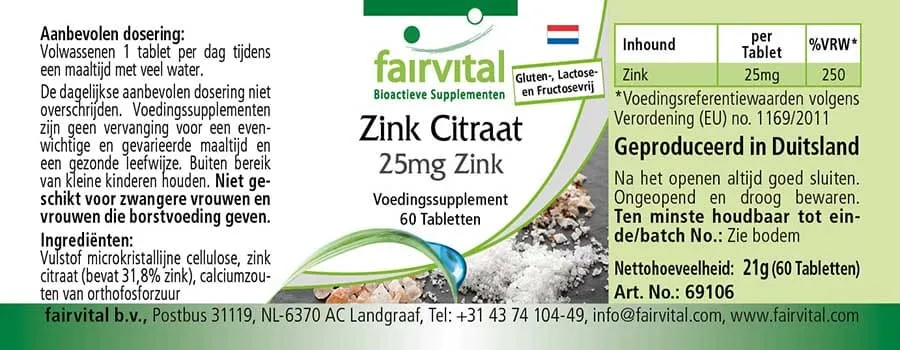 Zinkcitrat mit 25mg Zink - 60 Tabletten - für Immunsystem, Haut, Haare, Sehkraft uvm. - Vegan | Fairvital