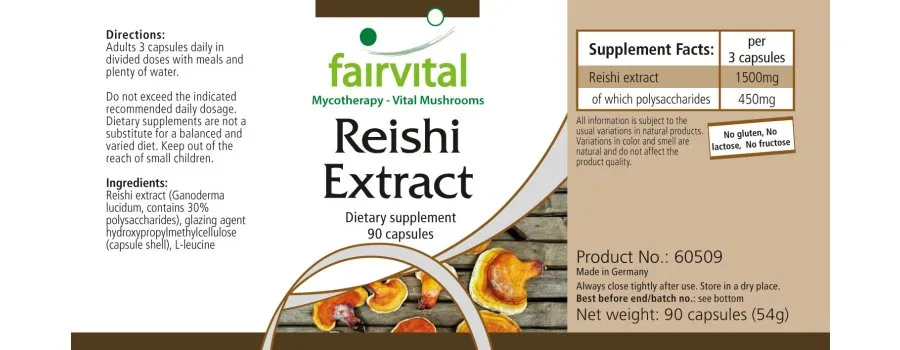 Reishi Extrakt - 90 Kapseln - Ganoderma lucidum - 30% Polysaccharide - Vegan | Fairvital