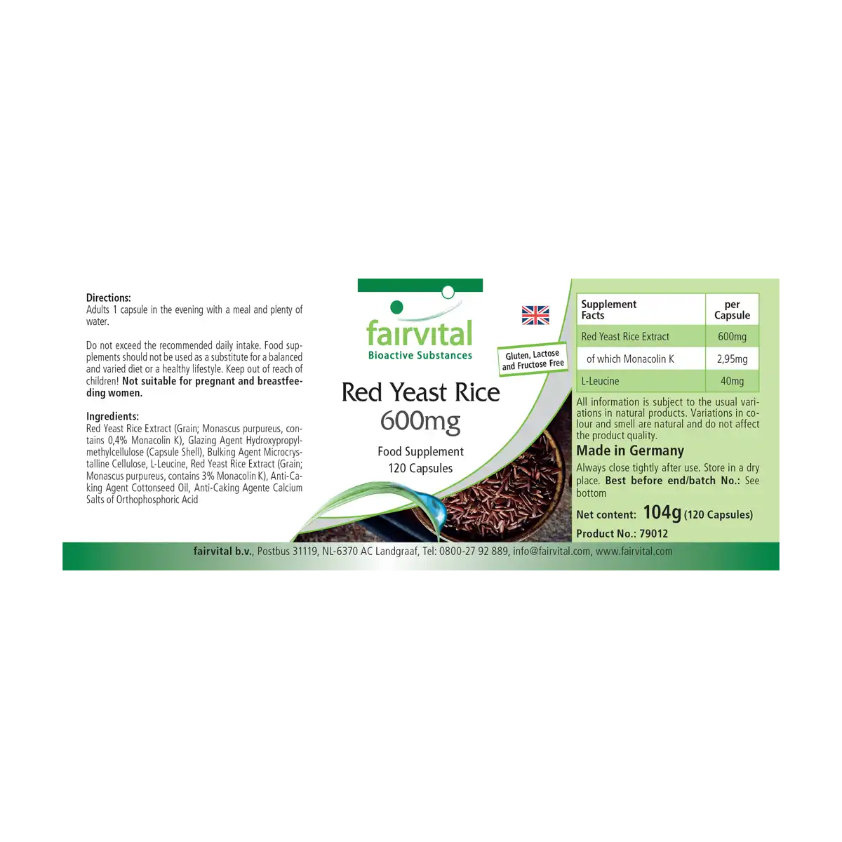 Roter Reis 600mg - 120 Kapseln - fermentiert - 2,95 mg Monacolin K - Vegan | Fairvital
