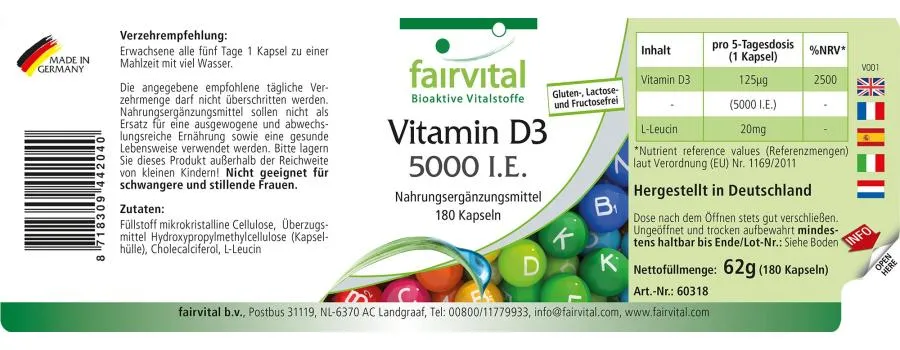 Vitamin D3 5000 I.E. - 180 Kapseln - für Immunsystem, Muskeln, Zellteilung uvm. - Hochdosiert | Fairvital