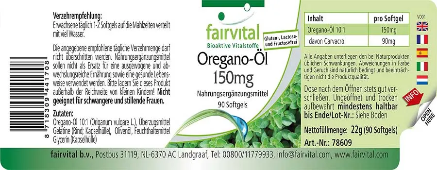 Oregano-Öl 150mg Kapseln - 90 Softgels - Oregano Oil 10:1 Extrakt - Origanum vulgare - Hochdosiert | Fairvital