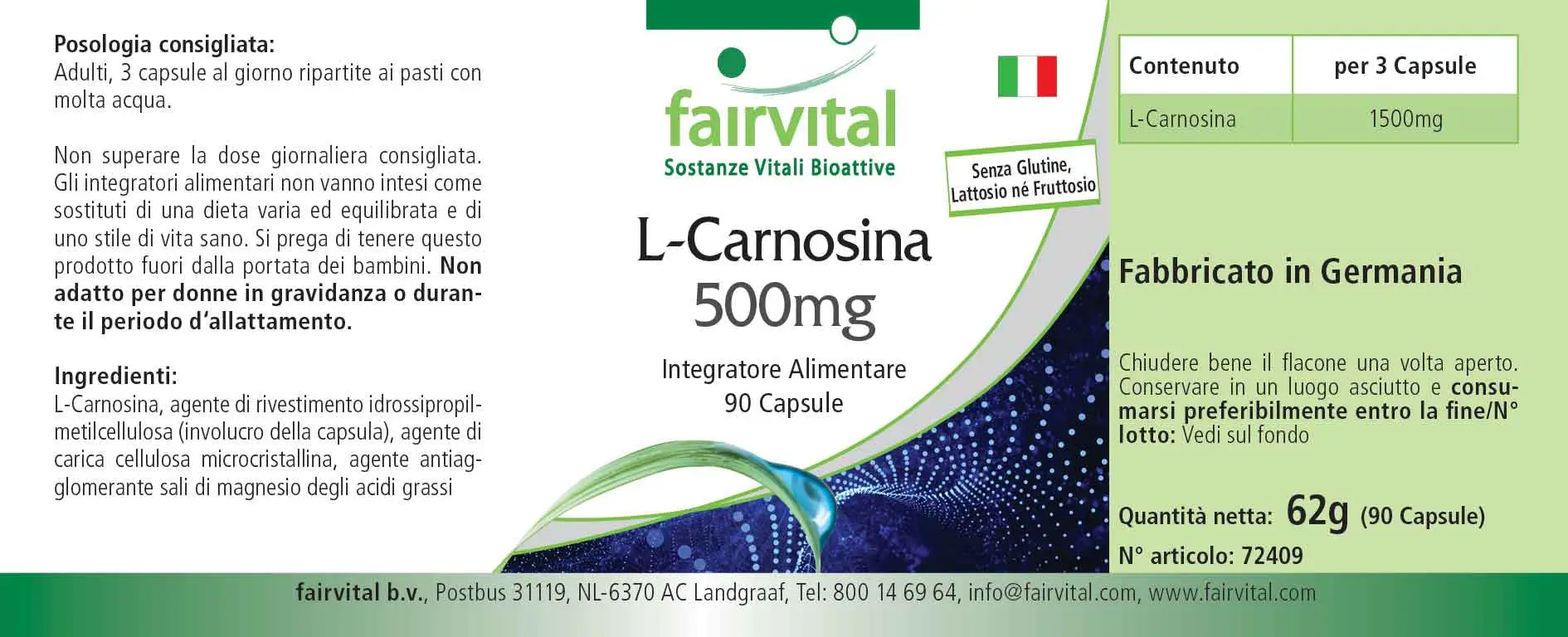 L-Carnosin 500mg - 90 Kapseln - Aminosäure - Hochdosiert und Vegan | Fairvital