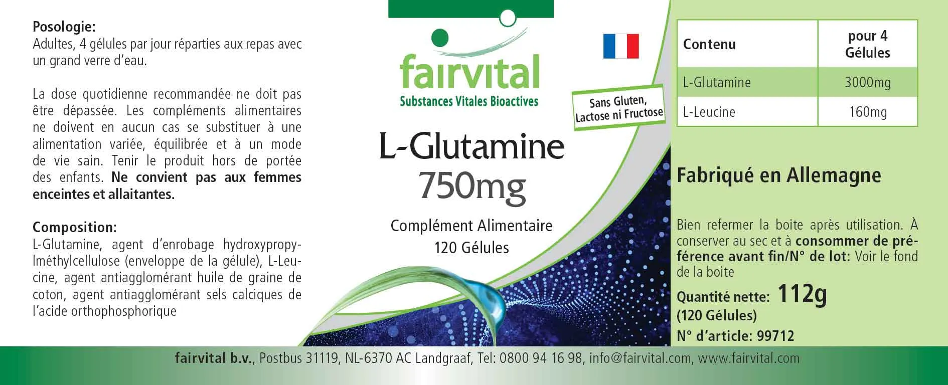 L-Glutamin Kapseln 750mg - 120 Kapseln - Hochdosiert- Vegan- freie Form der Aminosäure | Fairvital