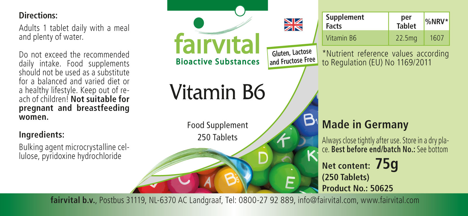 Vitamin B6 - 22,5mg - 250 Tabletten - für Immunsystem, Nervensystem uvm. - Hochdosiert und Vegan | Fairvital
