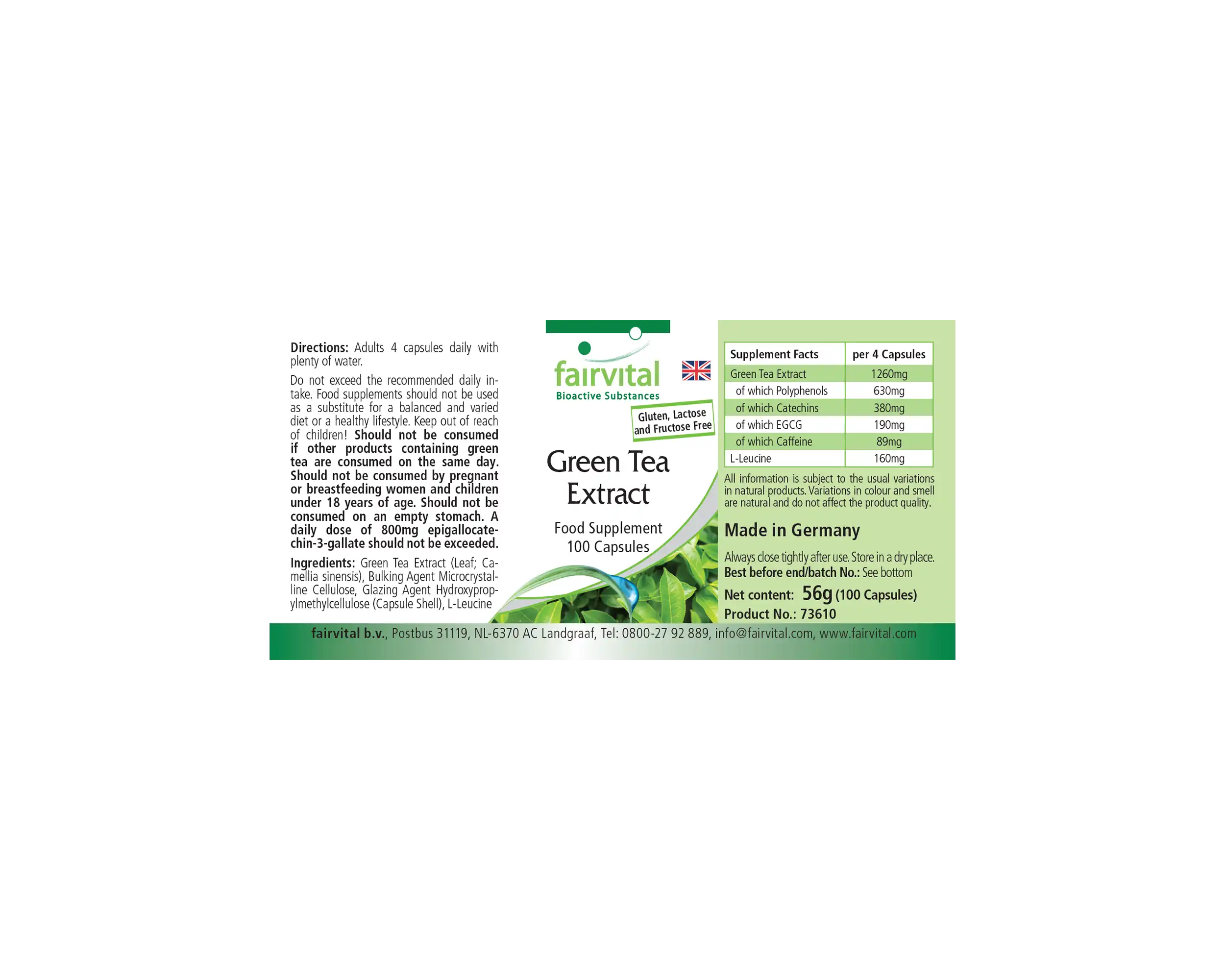 Grüner Tee Extrakt - Camellia sinensis - 100 Kapseln - Polyphenole, Catechine, EGCG & Koffein - Hochdosiert und Vegan | Fairvital