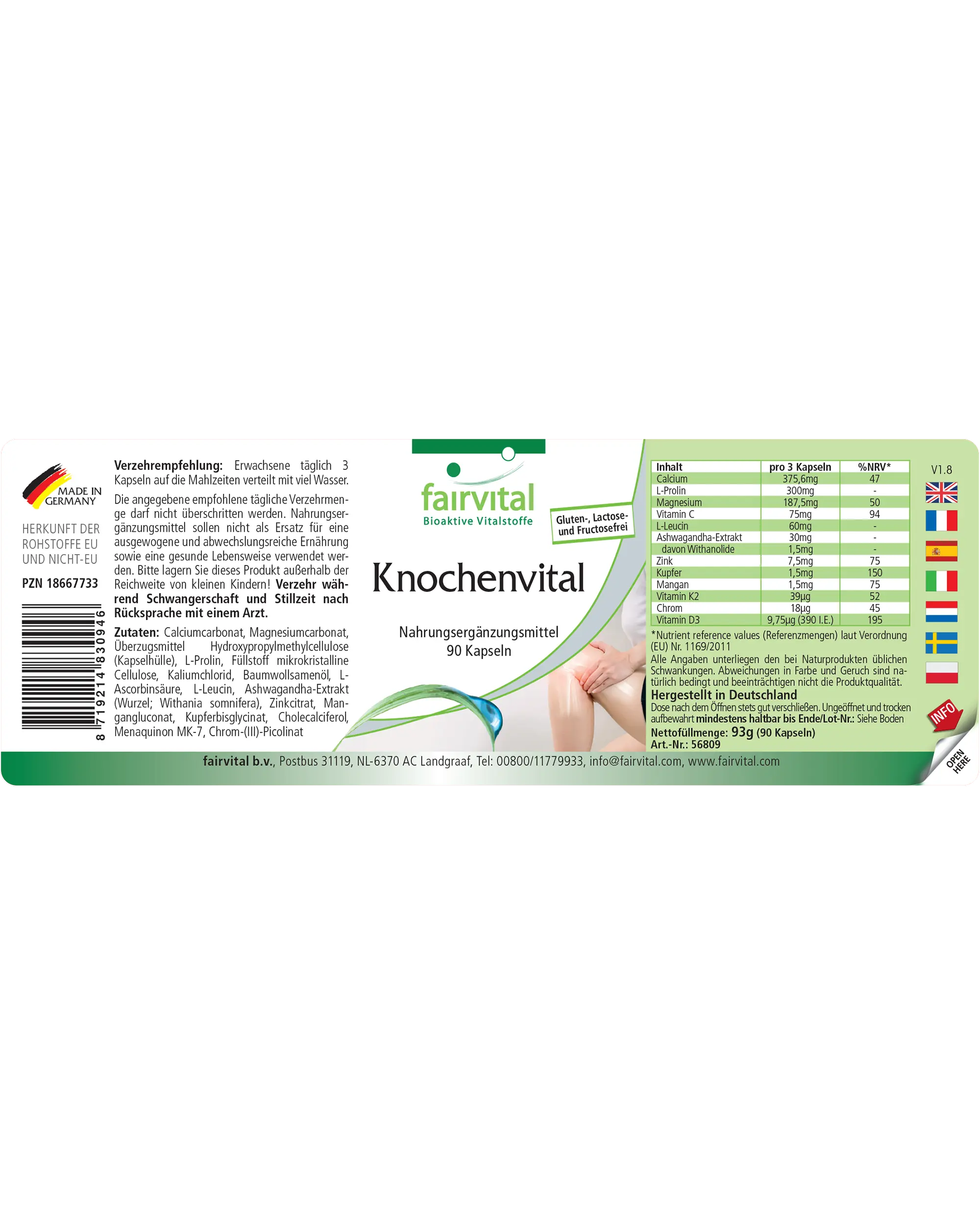 Knochenvital - 90 Kapseln - mit Calcium, Magneisum, Zink uvm. - für Knochen, Muskeln uvm. | Fairvital
