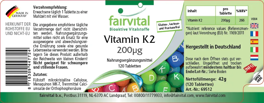 Vitamin K2 200µg - 120 Tabletten - für Knochen, Blutgerinnung - Hochdosiert und Vegan | Fairvital