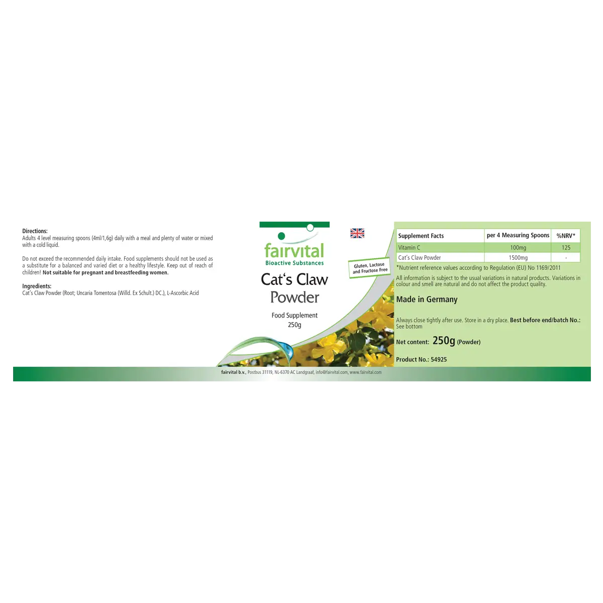 Katzenkralle Pulver 250g - mit Vitamin C - für Immunsystem, Kollagenbildung, uvm. - Vegan | Fairvital