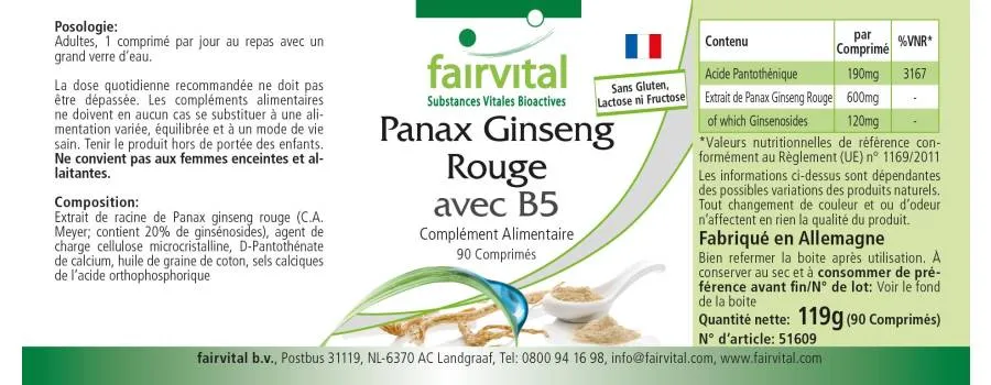 Roter Panax Ginseng mit B5 - 90 Tabletten - für Energiestoffwechsel uvm. - Vegan | Fairvital