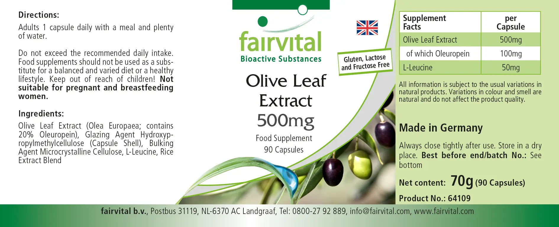Olivenblatt Extrakt 500mg - 90 Kapseln - mit 20% Oleuropein - Olea europaea - Hochdosiert und Vegan | Fairvital