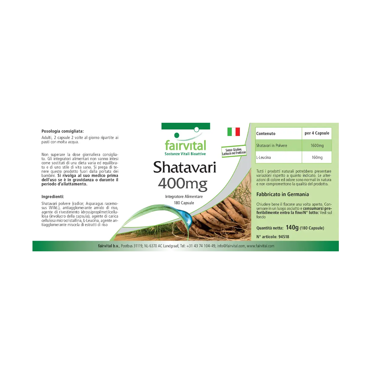 Shatavari 400mg - 180 Kapseln - Indischer Spargel - Vegan | Fairvital