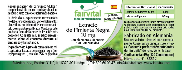 Schwarzer Pfeffer Extrakt 10mg - 120 Tabletten - 95% Piperin - Vegan | Fairvital