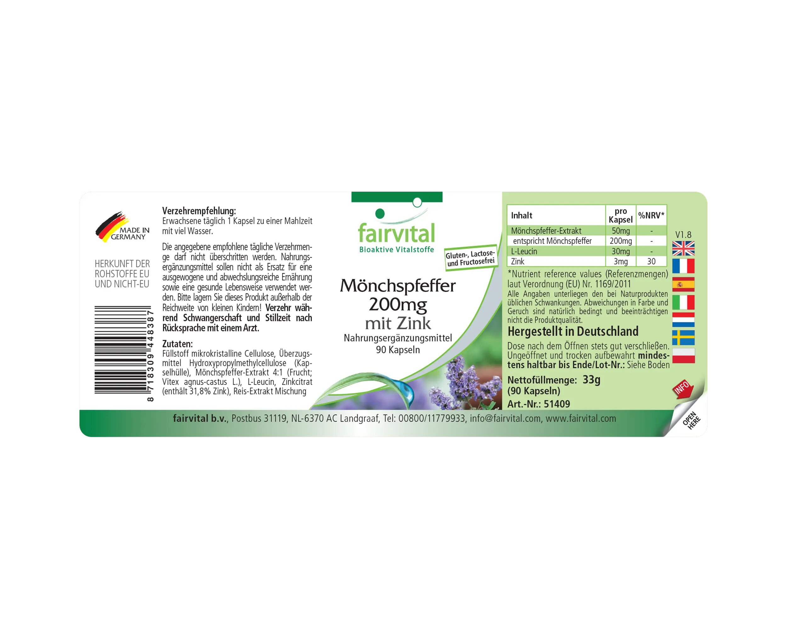 Mönchspfeffer 200mg mit Zink - 90 Kapseln - für Fruchtbarkeit, Fortpflanzung uvm. - Vegan | Fairvital
