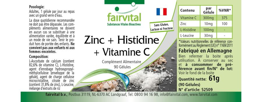 Zink + Histidin + Vitamin C -  90 Kapseln - für Immunsystem, Haare, Haut, Zellschutz uvm. - Vegan | Fairvital