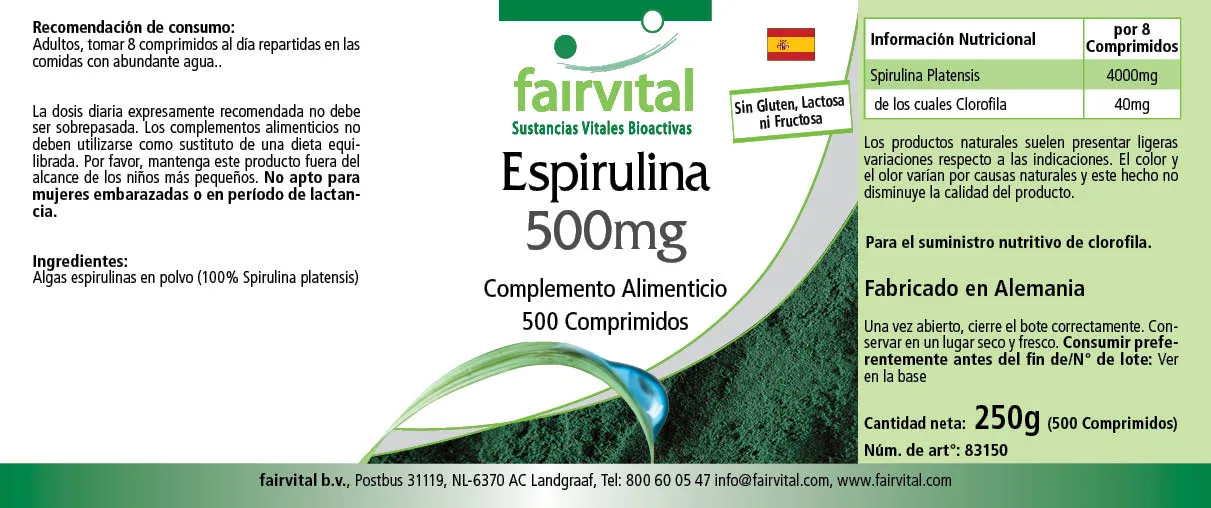 Spirulina 500mg - 500 Tabletten - Spirulina platensis - Hochdosiert und Vegan | Fairvital