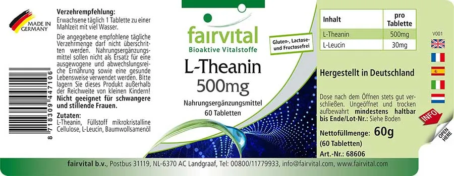 L-Theanin 500mg - 60 Tabletten - Aminosäure - Hochdosiert und Vegan | Fairvital