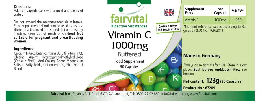 Vitamin C 1000mg gepuffert - 90 Kapseln - für Immunsystem, Kollagenbildung uvm. | Fairvital
