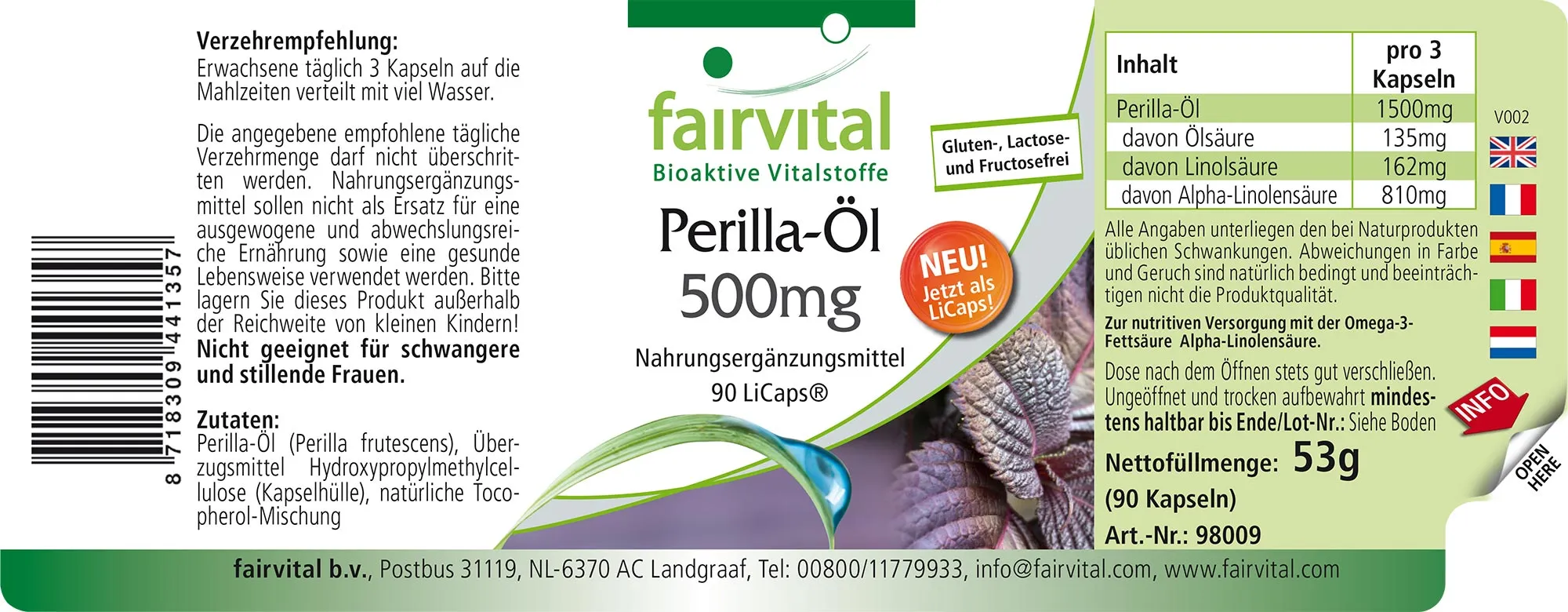 Perilla-Öl 500mg - HOCHDOSIERT - VEGAN - 90 LiCaps® | Fairvital