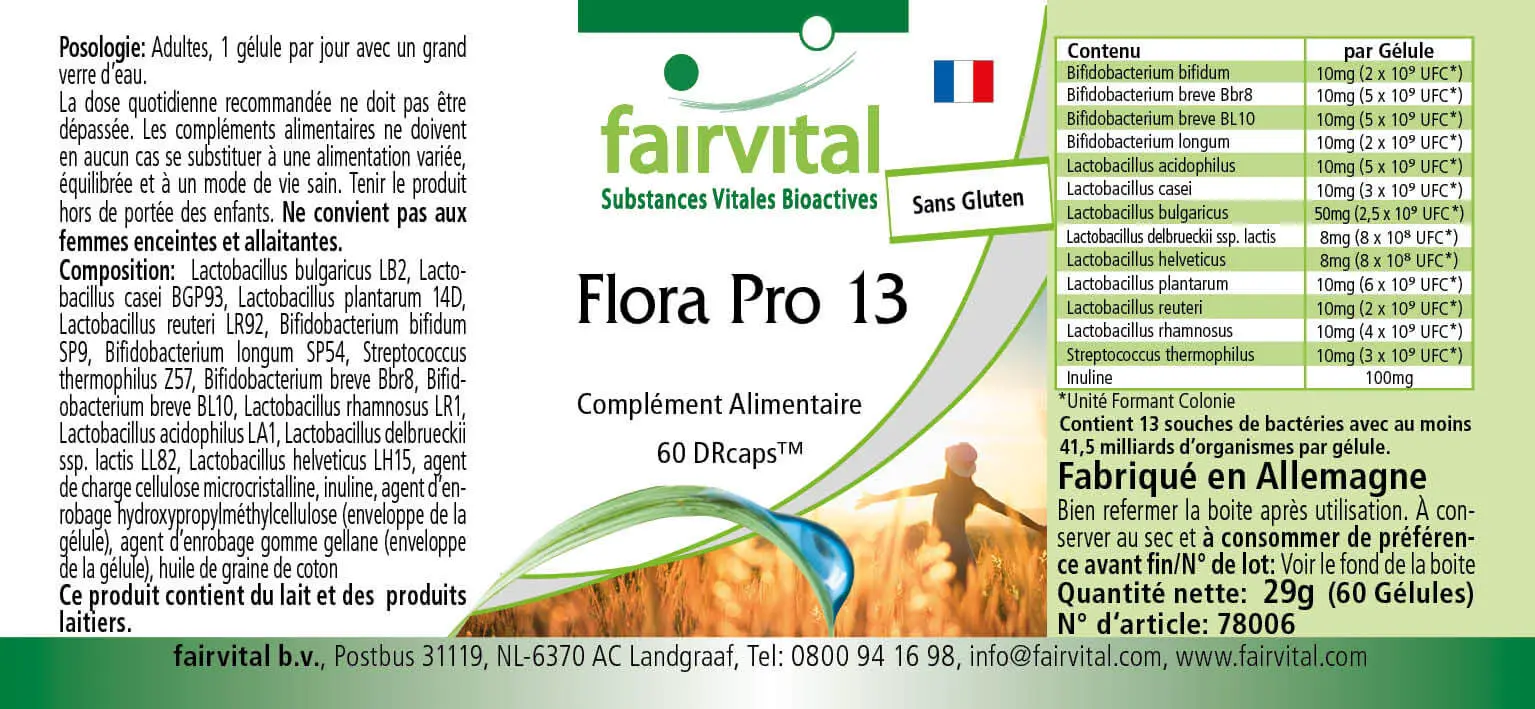 Flora Pro 13 - 60 Kapseln - 13 Bakterienstämme & 41,5 Milliarden Kulturen pro Kapsel - Hochdosiert | Fairvital