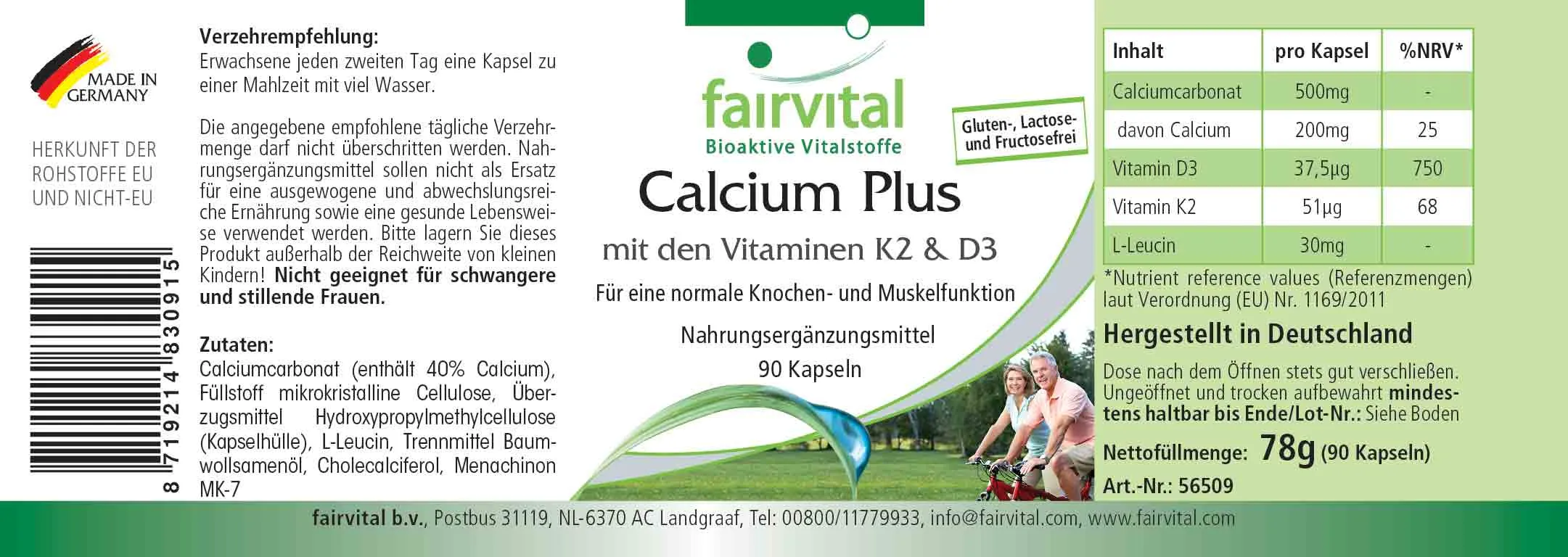 Calcium Plus mit K2 & D3 - 90 Kapseln - für Knochen, Zähne, Muskeln, Immunsystem uvm. - Hochdosiert | Fairvital