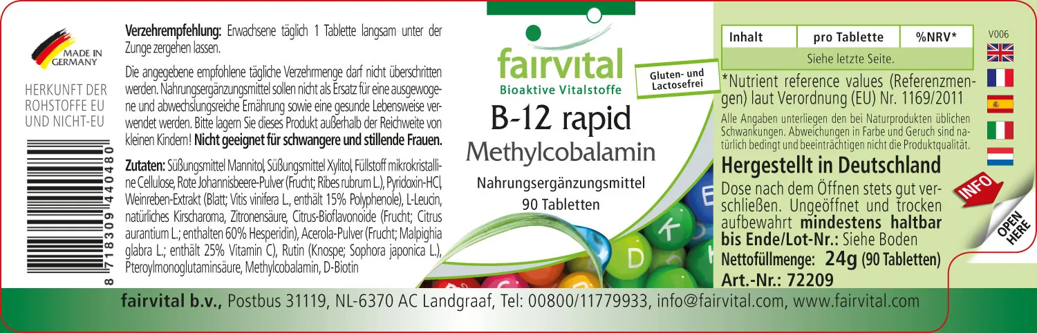 B-12 rapid als Methylcobalamin - 90 Tabletten - mit Vitamin B12 für Immunsystem, Zellteilung | Fairvital B-12 rapid als Methylcobalamin - 90 Tabletten - mit Vitamin B12 für Immunsystem, Zellteilung | Fairvital