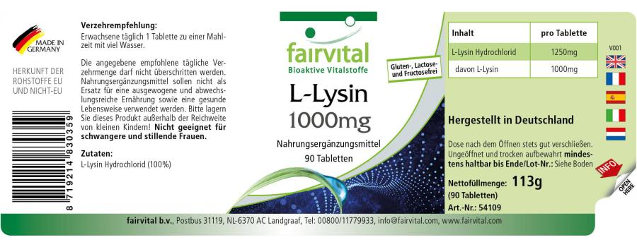 L-Lysin 1000mg - 90 Tabletten - Hochdosiert und Vegan | Fairvital